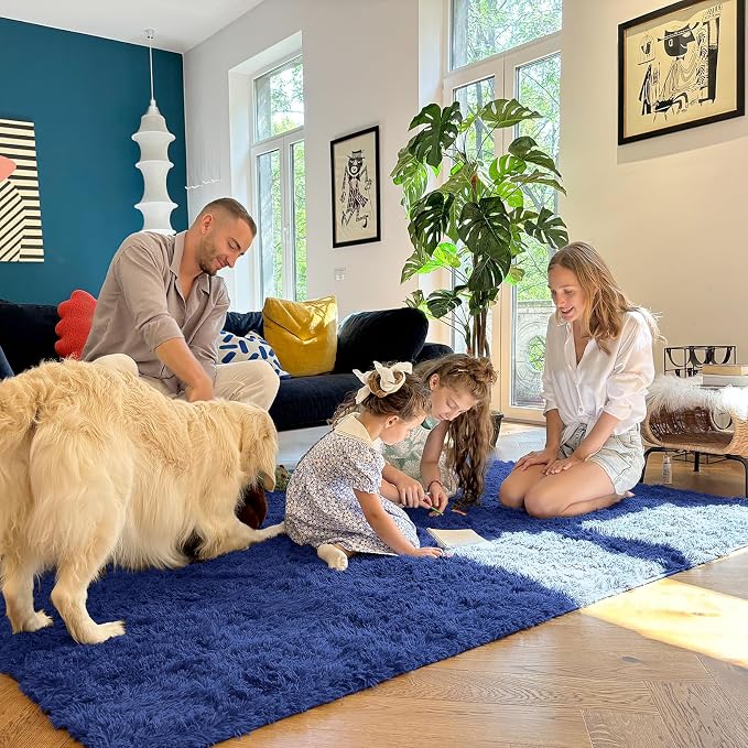 OLANLY 9x12 Machine Washable Large Area Rugs for Living Room, Bedroom, Soft Fluffy Shaggy Bedside Rug, Indoor Floor Carpet for Kids Girls and Boys, Dorms, Nursery, Home Decor Aesthetic, Navy Blue