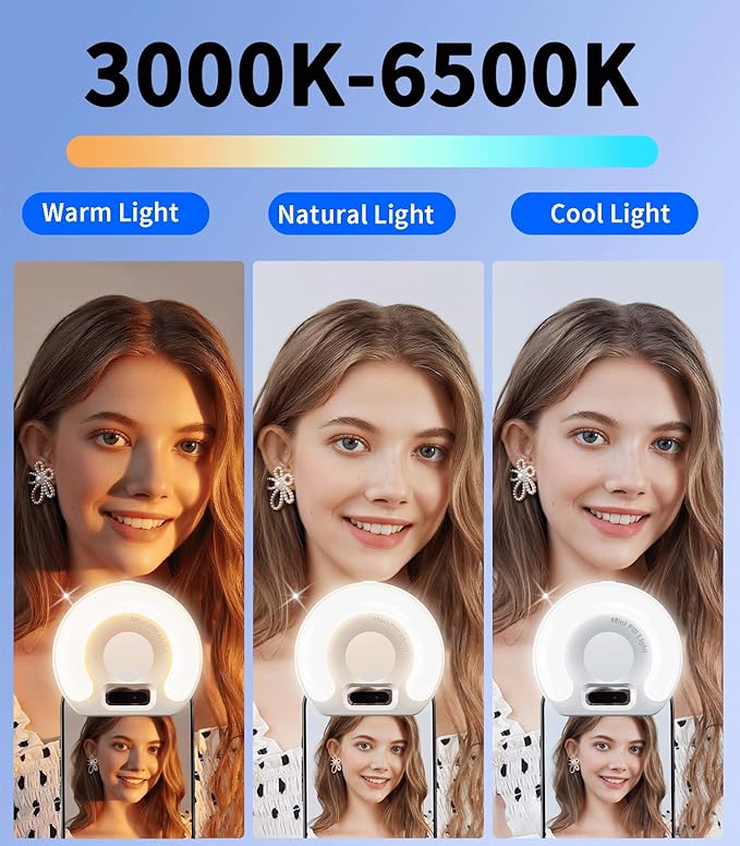 Portable Ring Light for Phone，3 Color Modes Clip On LED Light，Selfie Light for iPhone & Webcam，Adjustable Phone Light Clip for Video Recording, Content Creator,Vlog，Makeup & Video Calls