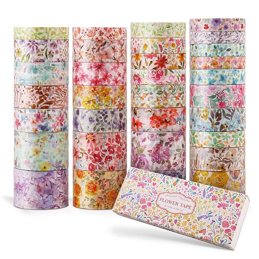 PAGEMORE 32 Rolls Washi Tape Set, Colored Floral Decorative Masking Tape, Artists Tapes for Junk Journal, Journaling, DIY Craft Projects, Scrapbooking Supplies Decor