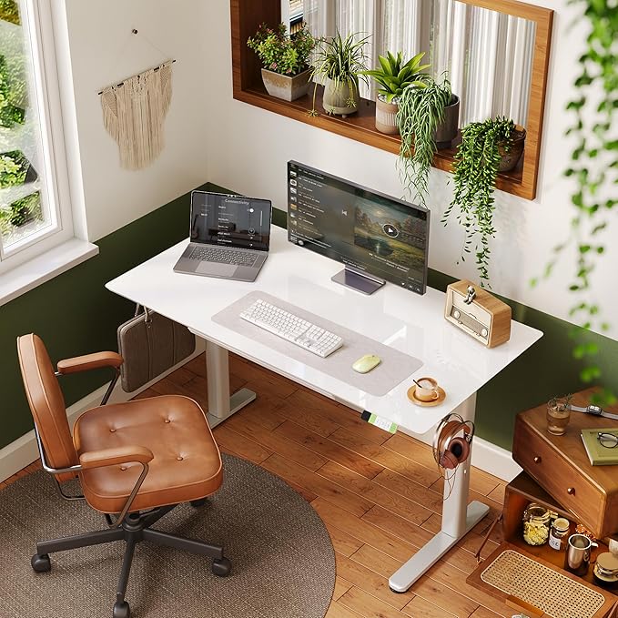 INNOVAR 55×24 Inch Super White Glass Standing Desk with Drawers | Tempered Glass Top, Ergonomic, Adjustable Height, Stand Up Desk,4 Memory Presets