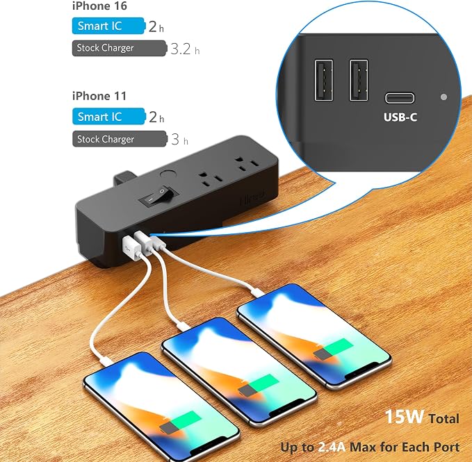 Hiree Under Desk Cable Management Tray with Power Strip, 8 AC Outlets, 2 USB Ports & 1 USB-C Port, Clamp Mount Desk Cable Organizer, No Drill Cord Management Tray for Standing Desk, Home Office（Black）