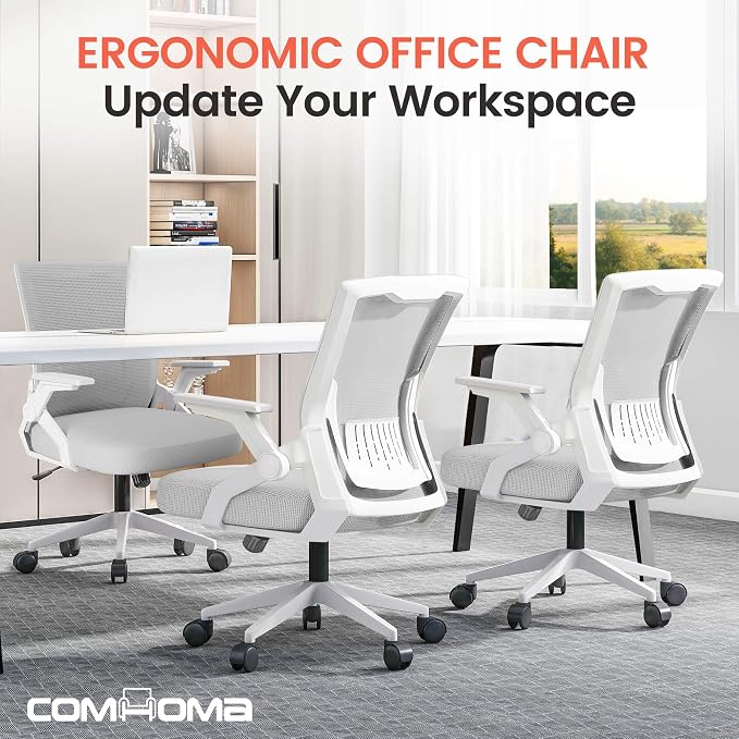 COMHOMA Office Chair with Flip-up Armrests Ergonomic Computer Desk Chair with Adaptive Lumbar Support & Breathable Mesh, Gray