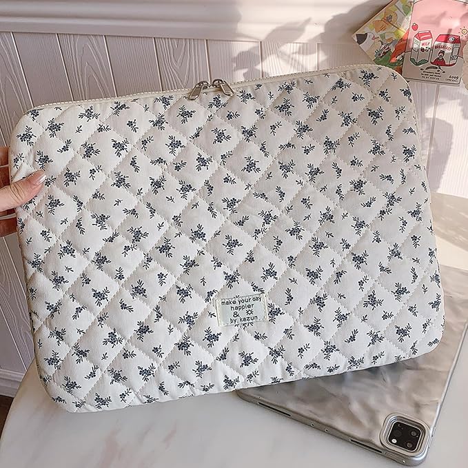 Cute Laptop Sleeve 13-15 inch Laptop Case Aesthetic Quilted Laptop Sleeve Computer Bag with Flower Printing for MacBook (Blue, 13inch)