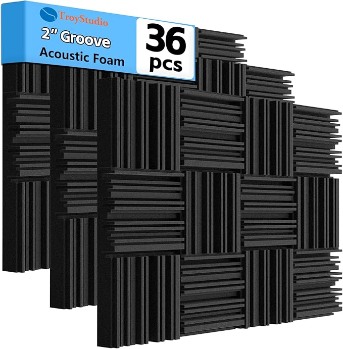 TroyStudio Groove Acoustic Foam Panels, 36 Pcs 2 Inches 12 X 12 Broadband Sound Absorbing Foam, Dense Soundproof Padding Tile, Recording Studio Foam Absorber, Groove Decorative 3D Wall Ceiling Panel