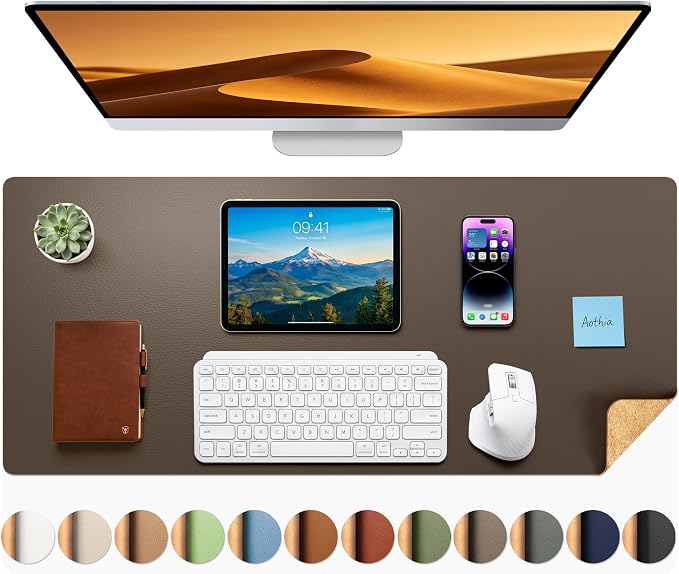 Aothia Dual-Sided Desk Pad - Leather Desk Mat, Natural Cork Desk Pad Protector, Large Mouse Pad for Desk, Waterproof Desk Blotter Pad, Desk Writing Pad for Office Work/Home, Coffee (35.4" x 15.7")