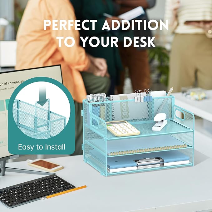 3-Tier Desk Organizer with Pen Holder and Handles, Paper Organizer, Blue | Desk Organizer and Paper Organizer for Desk with Pen Holder, Paper Trays and Handles for Files, Mail and Office Supplies