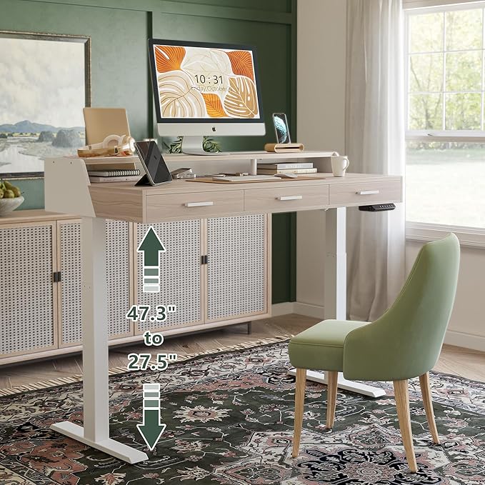 CubiCubi Standing Desk 55x26 Inches with 3 Wood Drawers and Monitor Shelf, Ergonomic Rising Home Office Desks, Height Adjustable Computer Desk, Sit Stand Up Electric Workstation Table, Light Walnut