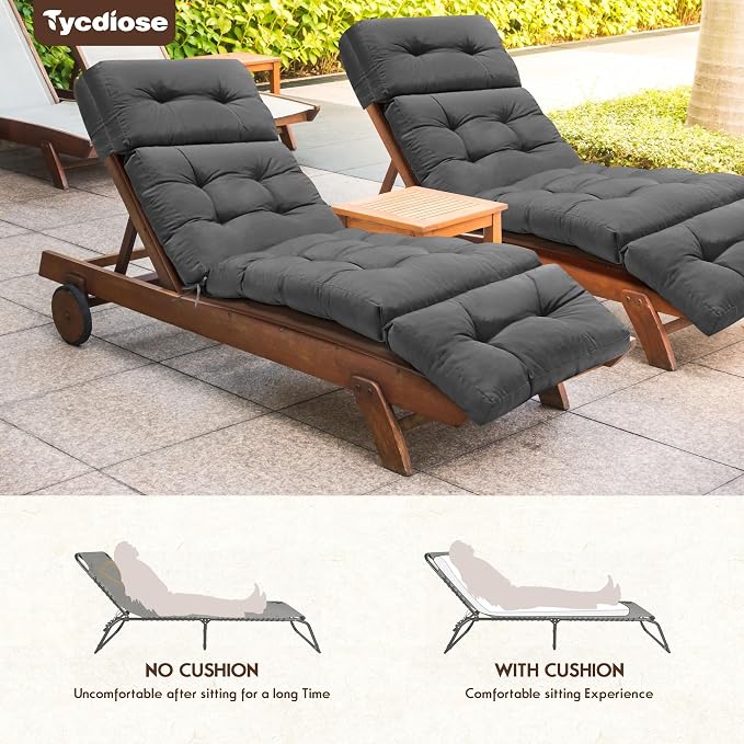 Chaise Lounge Cushions Outdoor Set of 2, 74.4 x 22 x 4.7 Inches Thickened Lounge Chair Cushions Waterproof for Outdoor Furniture with Ties, Non-Slip Patio Pool Chaise Lounge Cushions, Grey