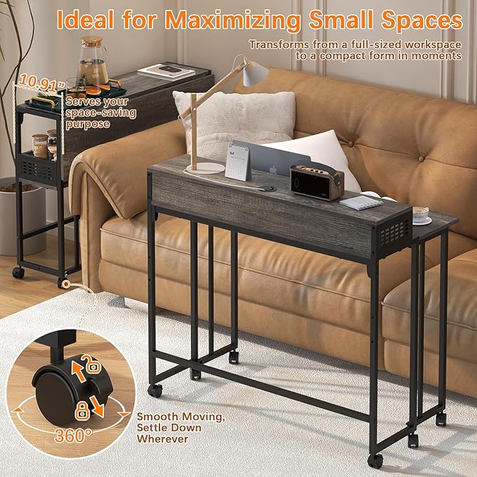 Gezen Folding Desk with Storage Shelf, Small Rolling Desk with Wheels, Mobile Sofa Side Table for Home Office Small Space, Dark Grey, 31.5"