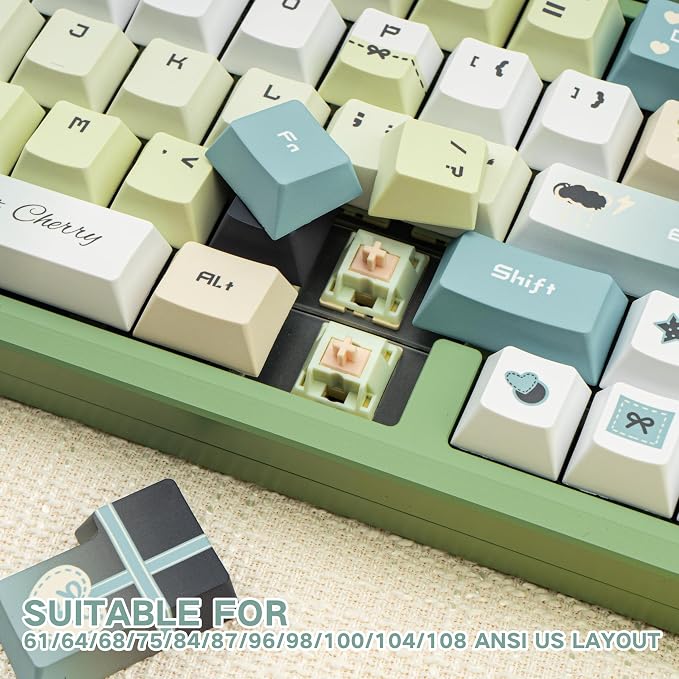 Gradient Green PBT Keycaps, Cute Cat Keycaps Set, 145 Keys Cherry Profile Dye-Sub Custom Keycap, Kawaii Anime Custom Key Caps for 60%, 65%, 75%, 100% Cherry MX Mechanical Keyboard