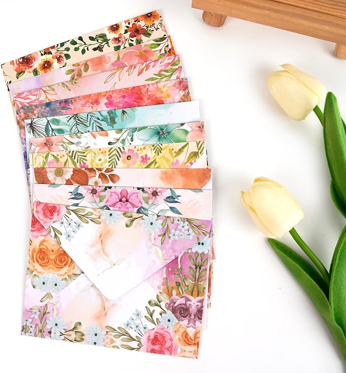 Stationery Paper Envelopes Set 160 Pcs - 50 Lined Writing Paper, 50 Envelopes, 60 Dot Stickers, Vintage/Floral/Leaf/Watercolor Multi-Style Options (STATIONERY-160PCS-FLORAL)