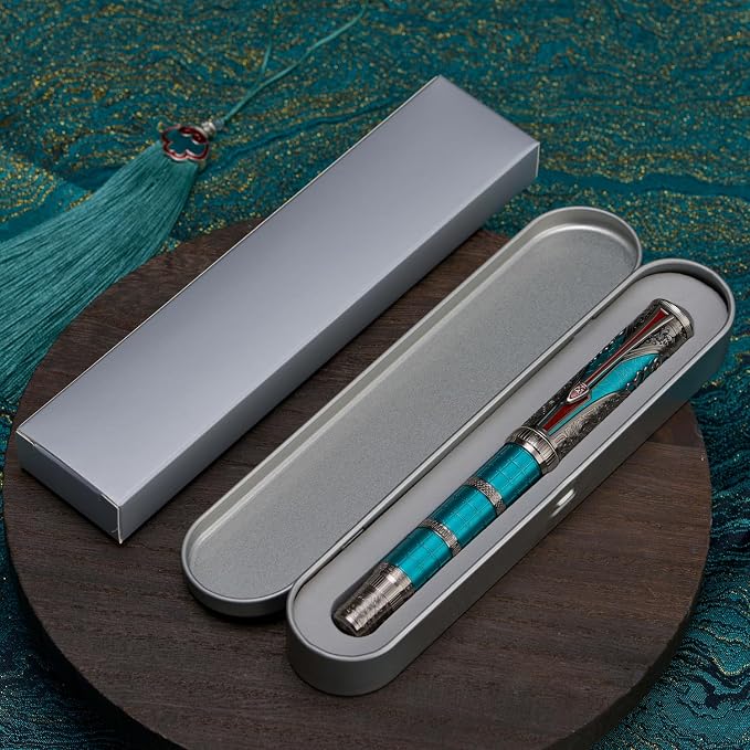 Hongdian D5X Fountain Pen Turquoise Color Medium Nib, Qin Dynasty Retro Chinese Totem Engraving Smooth Writing Pen with Converter and Pen Box Set