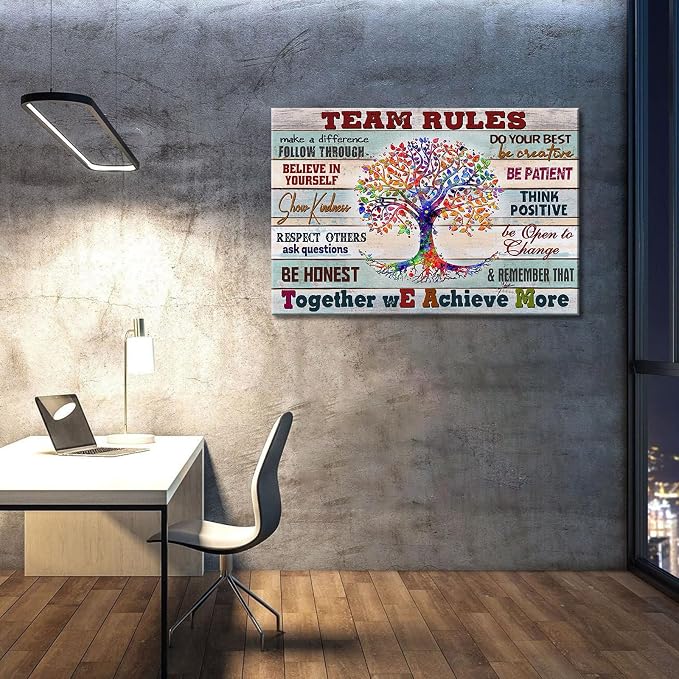 Inspirational Office Wall Art: Team Rules & Motivation Quotes - Framed Painting 24x16in
