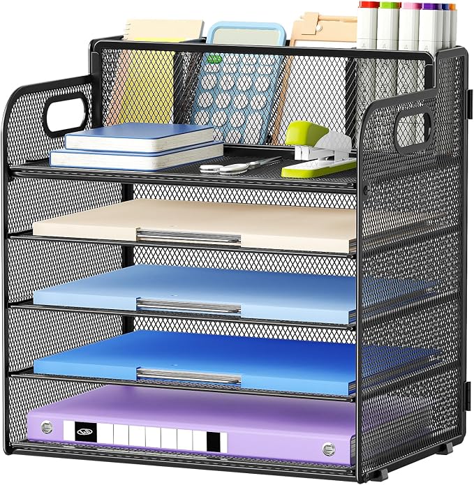 Marbrasse Paper Organizer, Mesh Desk Letter Tray with 3 Pen Holders,Black | Paper Sorter Desk Organizer for Letter/A4 Office File Folder Holder Home Office Supplies