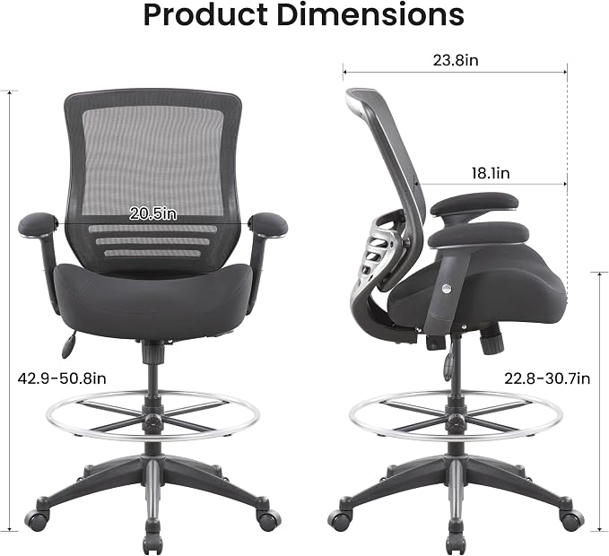 BOLISS 400lbs Mid Back Mesh Ergonomic Drafting Chair for Standing Desk Office Wide Chair Built-in Lumbar Support Big Adjustable Foot Ring Height Adjustable Armrest (Black)