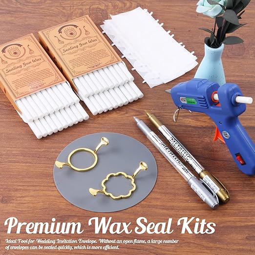 Wax Seal Kit, WASOHLING 40Pcs Pearl White Sealing Wax Sticks with Glue Gun, Wax Seal Molds, Silicone Mat, Marker Pens, Premium Kit for Wedding Invitations Envelopes Cards (Pearl White)