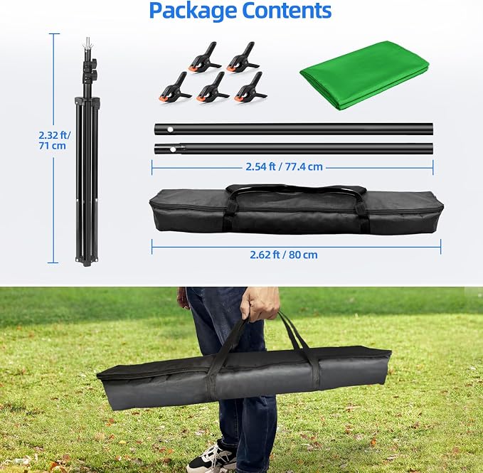 HEMMOTOP 7x5 ft(HxW) Green Screen Stand Kit, 6.5x5 ft Green Screen Backdrop with Stand for Streaming, Gaming, Zoom, Portable Greenscreen Background Kit with Clips & Carrying Case