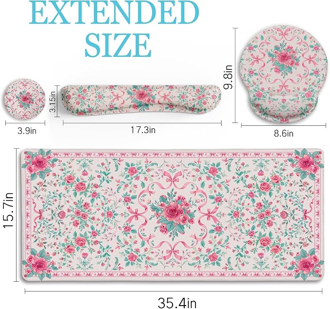 LIMKRIAN Pink Bow Floral Mouse Pad Set, XXL Large Desk Mat with Stitched Edges, Ergonomic Mouse Pad with Gel Wrist Rest & Keyboard Rest, Cup Coaster, Cute Gaming Office Desk Decor for Women Girls