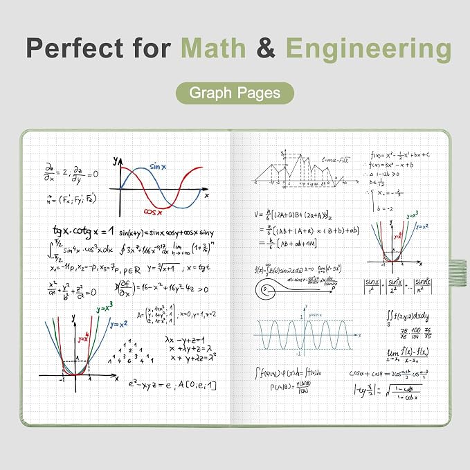 AHGXG Graph Grid Paper Notebook, 160 Pages, A5 Medium Size (5.7'' x 8.3''), 120 GSM Thick Paper, Leather Hardcover, for School, Students, Math, Engineering (Light Green)