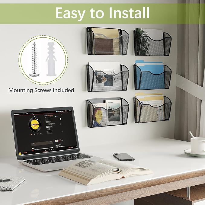 EasyPAG 6 Pack Wall File Organizer, Metal Mesh Hanging File Folder Holder for Letter/A4 Size Folders, Vertical Wall Mount Mail Sorter for Office Paperwork, Classroom, Black