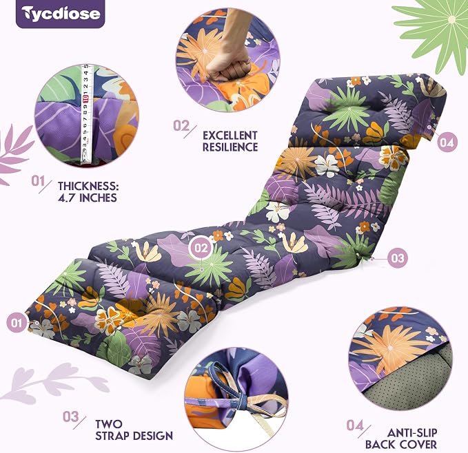 Outdoor Chaise Lounge Chair Cushion Set of 4, Waterproof 74.4 x 22 x 4.7 Inches Memory Foam Thickened Lounge Chair Cushions Replacement for Outdoor Furniture with Ties, Purple Floral Leaf