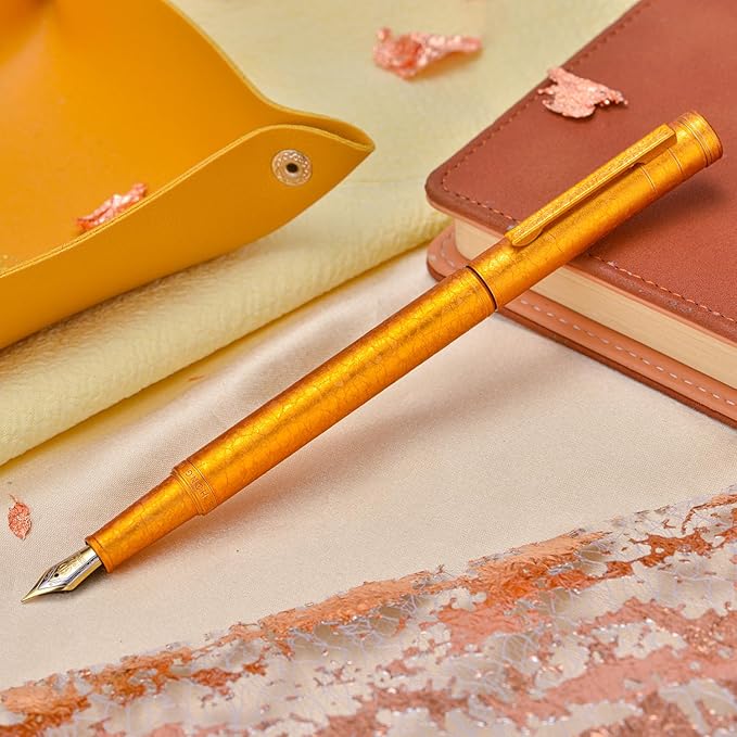 Hongdian 1851 Forest Fountain Pen Golden Ice Flowers, Extra Fine Nib Classic Design with Converter and Metal Pen Case
