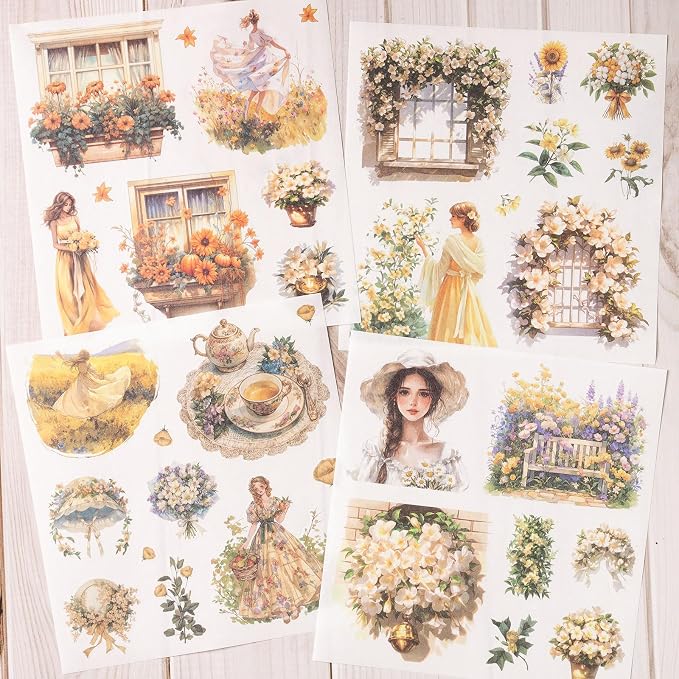 YagCu Garden Journal Sticker Book, 50 Sheets Washi Junk Journaling Sticker, Scrapbook Supplies, Watercolor Scrapbooking for Adults, Yellow Decorative Ephemera Arts Craft