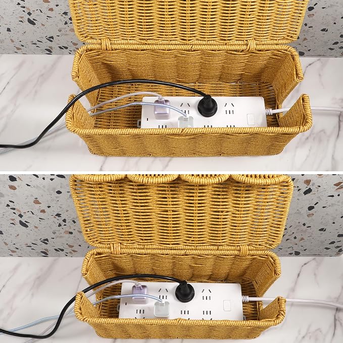 2PCS Cable Management Box, Handwoven Imitation Rattan Cord Organizer, Handmade Rattan Cable Organizer Wire Hider Box, Open Slots Cords Hider BoxCord Basket Under Desk Cord Organizers