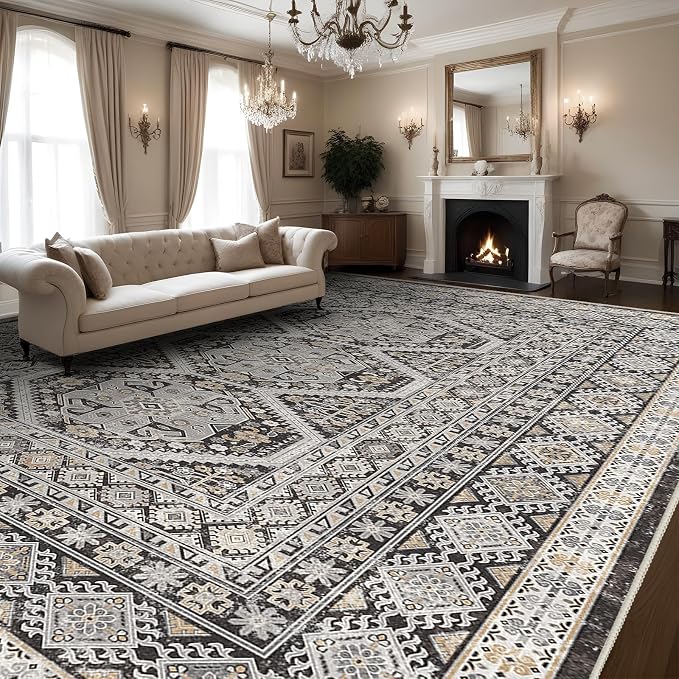 Large Rugs for Living Room: 10x14 Area Rugs Farmhouse Indoor Machine Washable Rug Non-Slip with Rubber Backed Oriental Carpets 10x14 Black