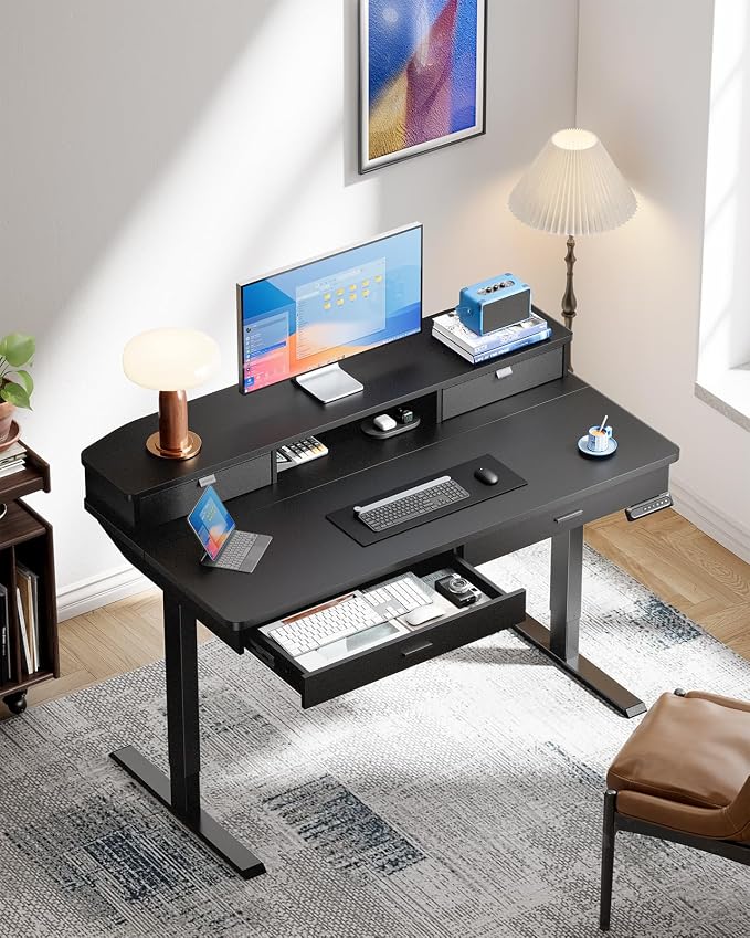 HUANUO 48 x 30 inch Electric Standing Desk with 2 Wood Drawers, Adjustable Height Sit Stand Desk for Home Office, Ergonomic Stand up Desk with 4 Memory Presets, 176 lbs Capacity, Black Top