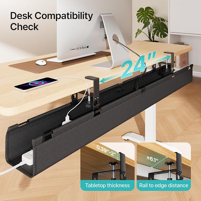 No Drill Under Desk Cable Management Tray, 47.2" Fabric Organizer | Clamp/Screw Premium Mount Cord Holder, for Power Strips, Adapters, with 2 Hooks & 1 Tie Roll for Home Office Gaming, Black