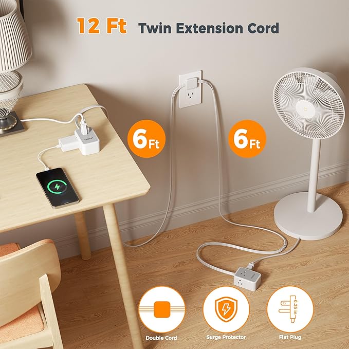 TESSAN Double Ended Flat Plug Power Strip, Twin Extension Cord 12 FT, 3 Non Blocking Outlets 6ft Power Splitter on Each Side, Dual Split Surge Protector Outlet Extension for Home Office Dorm Room