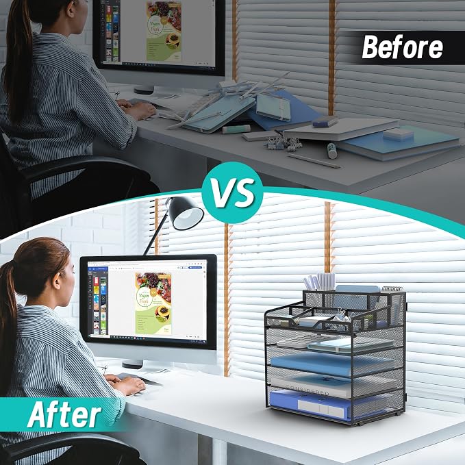 5 Tier Mesh Paper Desk Organizer with Pen Holders, Black | Features 3 pen holders, and 5 adjustable compartments for office school home desk storage