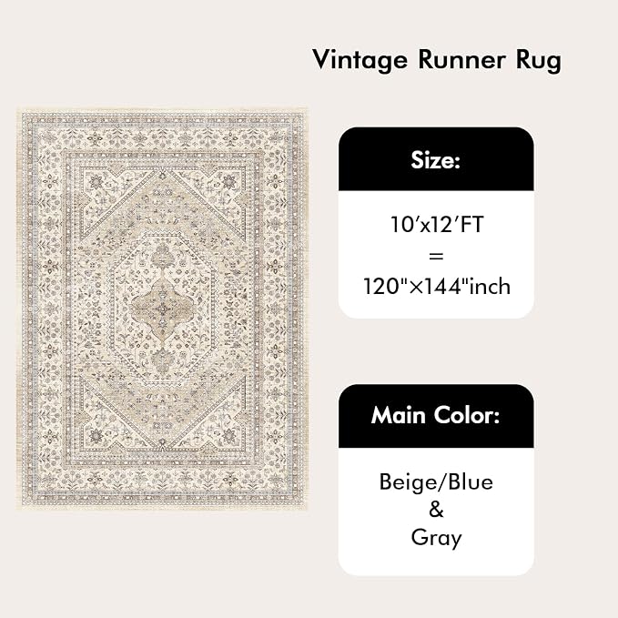 10x12 Area Rug for Living Room: Large Washable Oriental Rugs for Bedroom Non Slip Backing Stain Resistant Indoor Soft Floor Carpet for Dining Table Nursey Dorm Kitchen Low Pile Beige/Gray