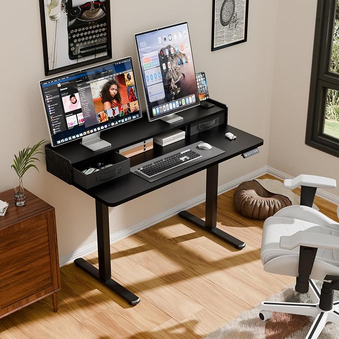 YESHOMY 48" x 23" Electric Standing Desk with 2 Drawers, Height Adjustable Computer Desk, Low Noise Home Office Stand Up Desk with 2 Preset Heights & 2 Hooks, Black