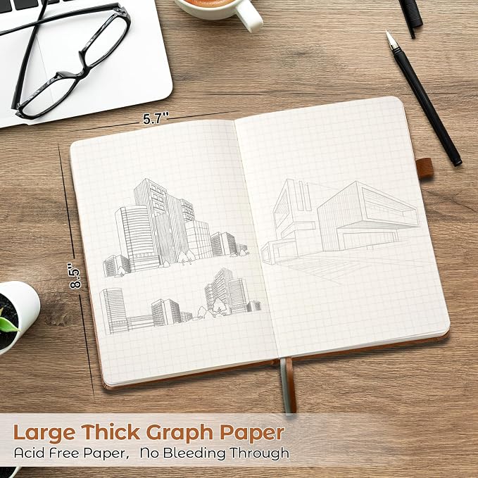 Graph Paper Notebook, Hardcover Notebook, Grid Notebook Journal for Women, Men, Large Leather Journals for Writing, Thick Paper, A5 Notebooks for Work, School Supplies, Engineering, 5.7"x8.5", Brown
