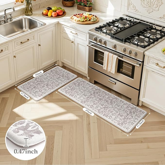 LEEVAN Cushioned Kitchen Mats for Floor Sets of 2,Vintage Distressed Grey Anti-Fatigue Kitchen Mat for Laundry,Non Slip Waterproof Standing Mat for Home,Office,Desk,Sink(17''x29''+17''x47'')