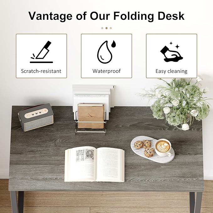 EMODA 40 inch Folding Desk No Assembly Required Home Office Desk Study Writing Gaming Computer Table, Black Oak
