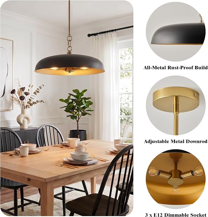 Large Pendant Lights Kitchen Island 20.4in, Black Gold Dining Room Fixture | 3-light hanging dome chandelier, modern all-metal frame, adjustable 18-54in downrod, E12 40W base, for over table bar cafe
