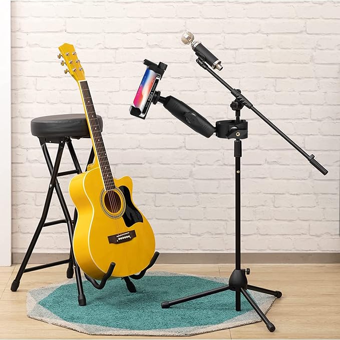 Music Boom Microphone Mic Stand Phone Holder Mount with Long Arm and Super Clamp 360° Rotation for Phone 14 13 12 11 MAX Pro Samsung Galaxy S22 S21 Google Pixel, 3.5 to 7" Smartphone