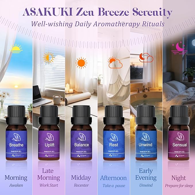 ASAKUKI Essential Oils for Diffuser – 6 Mood Essential Oil Blends (Breathe, Uplift, Sensual, Balance, Unwind, Rest) for Morning to Night Rituals, Home & Daily Use
