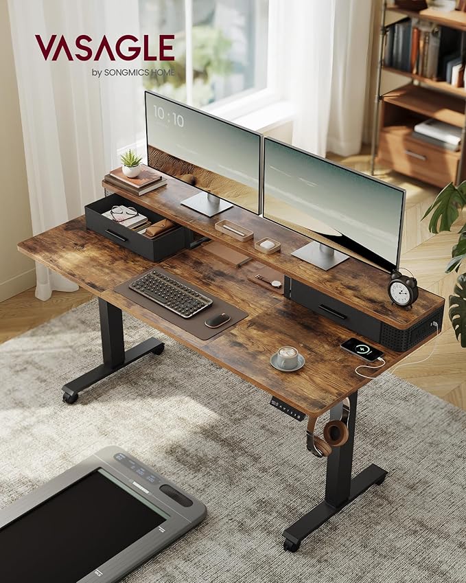 VASAGLE Electric Standing Desk with Drawers, Sit Stand Desk with Built-in Power Strip, Adjustable Height, 55.1 x 23.6 Inches, 2 Hooks, Memory Function, for Home Office, Rustic Brown ULSD184KD01