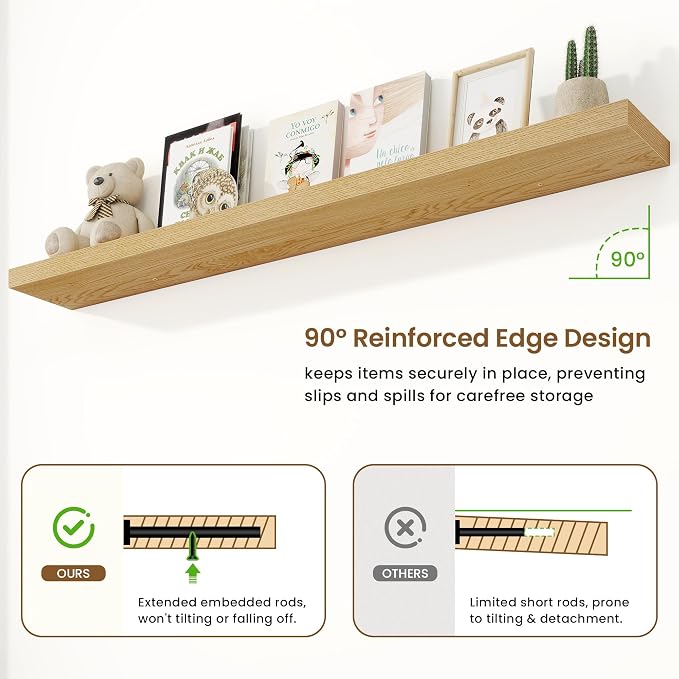 Marsmiles 55in Floating Shelves for Wall, 72" W x 9.25" D x 1.5" H, Long Wall Mounted Engineered Wood Shelves with Invisible Brackets for Living Room, Bedroom, Bathroom, Kitchen, Oak, 2Pcs