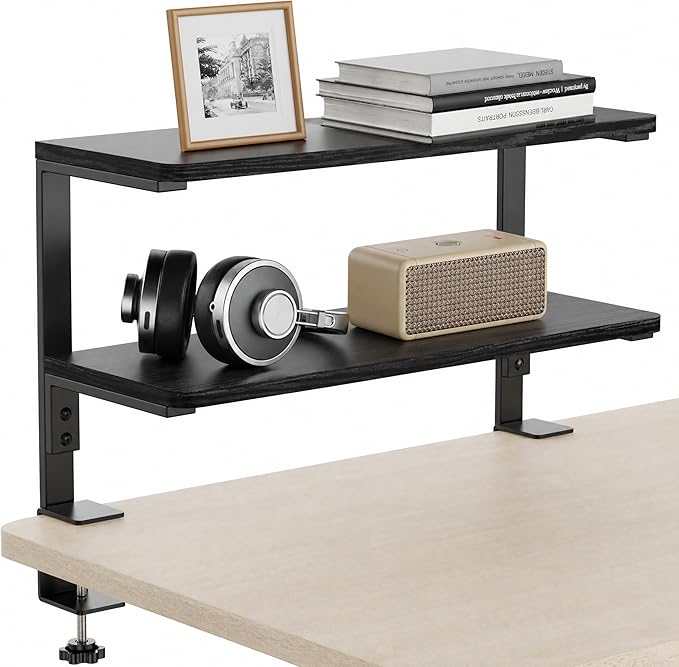 2-Tier Desk Extender, 22-inch Clamp-On Desk Shelf, Height-Adjustable Desktop Shelf Organizer for Monitors Office and Gaming Accessories, Arm Support Table Extension, Black