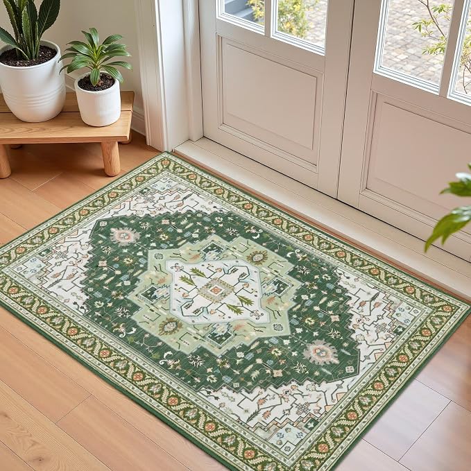 Macgace 2x3 Green White Small Area Rug for Entryway, Soft Washable Rugs with Non-Slip Backing for Bedroom Kitchen, Vintage Throw Carpet Laundry Entry Front Door Decor
