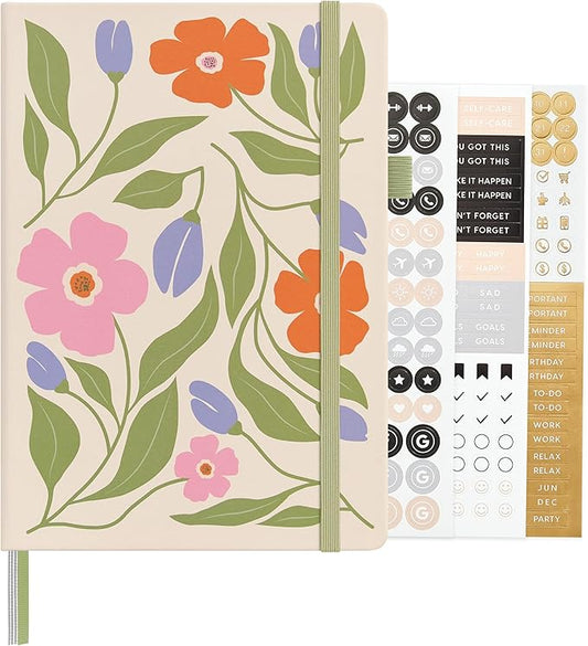 &And Per Se Dotted Journal Notebook, A5 Hardcover Aesthetic Dotted Notebook – 160 Pages 100gsm Thick Dot Grid Paper, 3 Sticker Sheets – Gift-Ready Journaling Kit for Women (Botanical Floral)