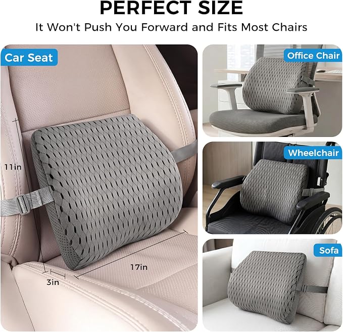 Lumbar Support Pillow for Car & Office Chair - High-Density Memory Foam for Sciatica & Lower Back Pain Relief - Non-Slip Back Support Cushion for Long Commutes & Desk Workers (4D Mesh Gray)