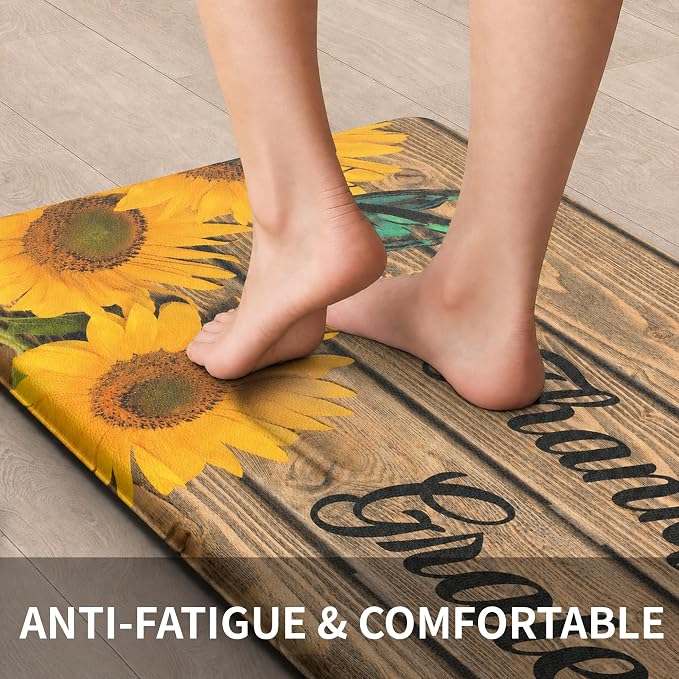 Farmhouse Sunflower Kitchen Decor Mat, Cushioned Anti Fatigue | Farmhouse Kitchen Decor,Cushioned Comfort,Non-Slip Backing,Waterproof Surface,Easy Clean,Kitchen Sink,Laundry