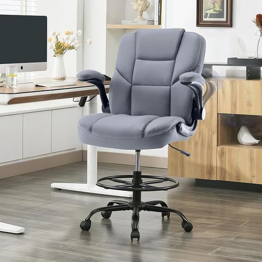 Drafting Chair 500Lbs, Tall Office Chair for Standing Desk, High PU Leather Executive Office Chair with Flip-up Armrests, Ergonomic High Chair with Adjustable Foot Ring, Comfy Stool Chairs, Grey