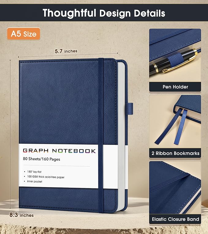 A5 Leather Hardcover Graph Paper Notebook, 160 Pages (5 Squares/Inch), 180° Lay-Flat Binding, 100 GSM Thick Paper, for Math, Engineering, Students & Technical Work (Navy)